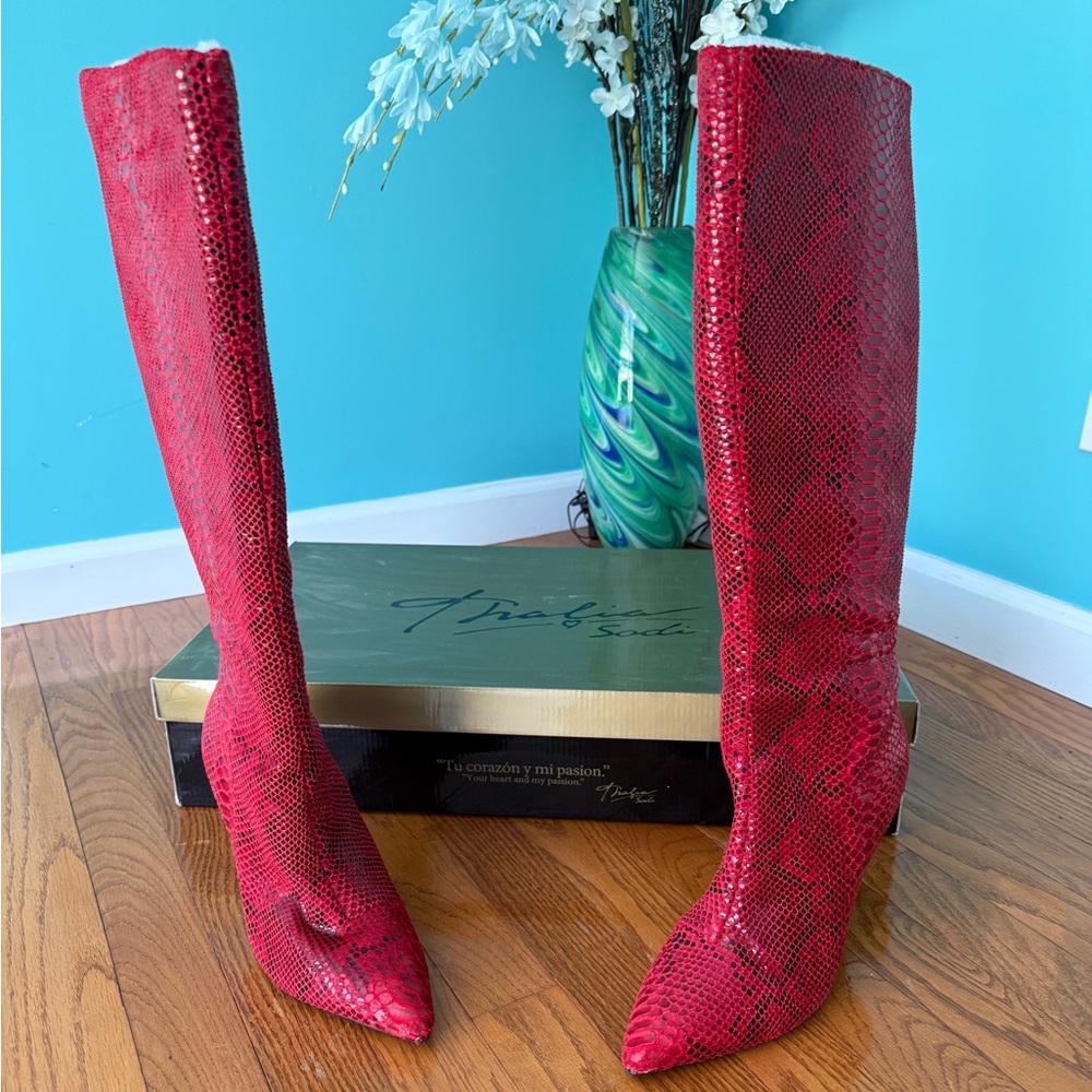 Thalia Sodi Red Snake Knee High Stiletto Boots -Size 8.5